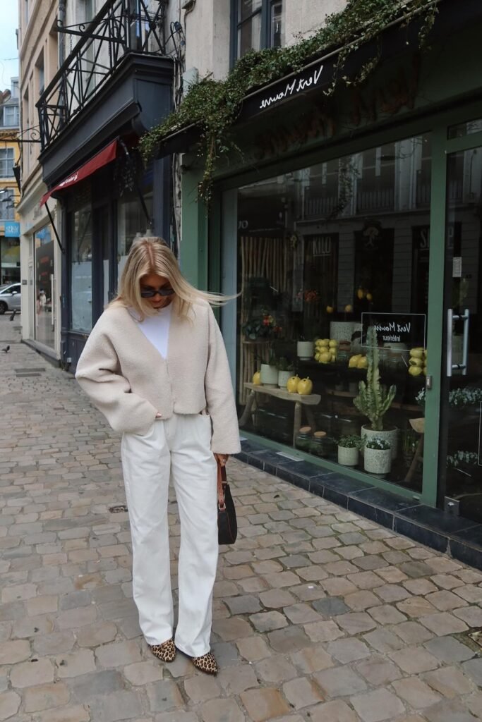 Cream Textured Cardigan + Off White Straight-Leg Pants + Leopard Print Flats
