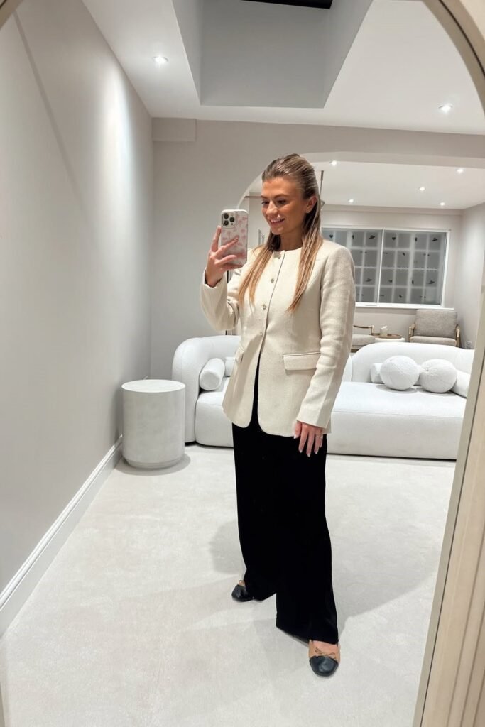 Cream Textured Collarless Blazer + Black Wide-Leg Trousers + Two-Tone Ballet Flats