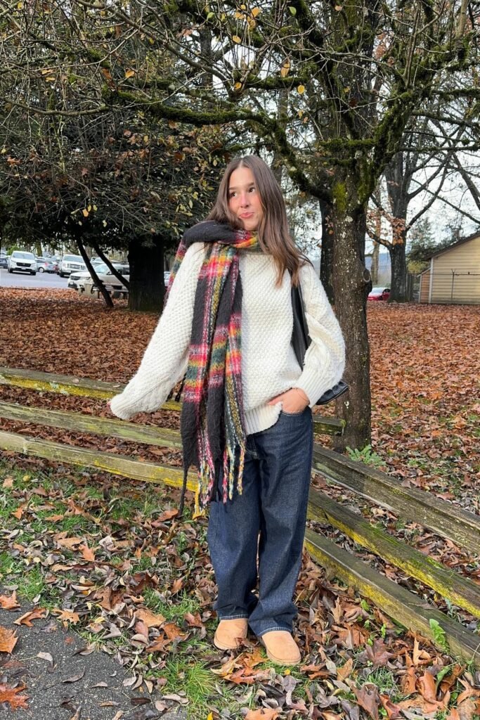 Cream Textured Sweater + Wide-Leg Dark Denim + Plaid Oversized Scarf + Tan Suede Boots