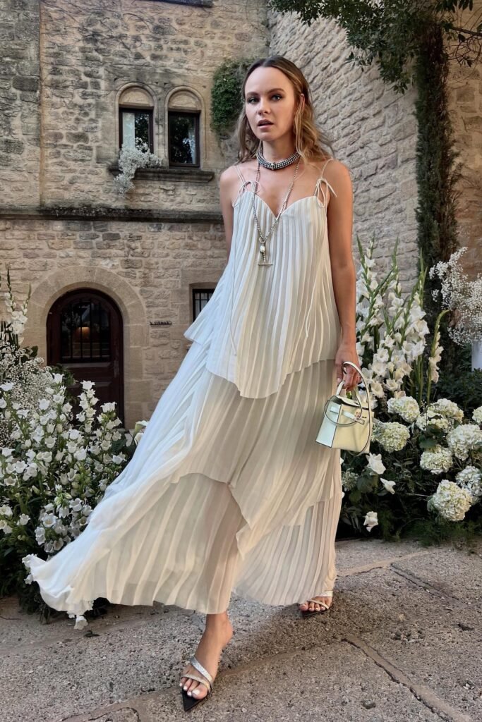 Cream Tiered Pleated Maxi Dress + Silver Statement Necklaces + Metallic Sandals