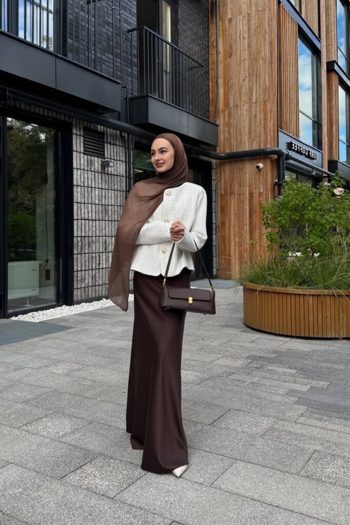 Cream Tweed Jacket + Dark Brown Satin Maxi Skirt + White Pointed Heels