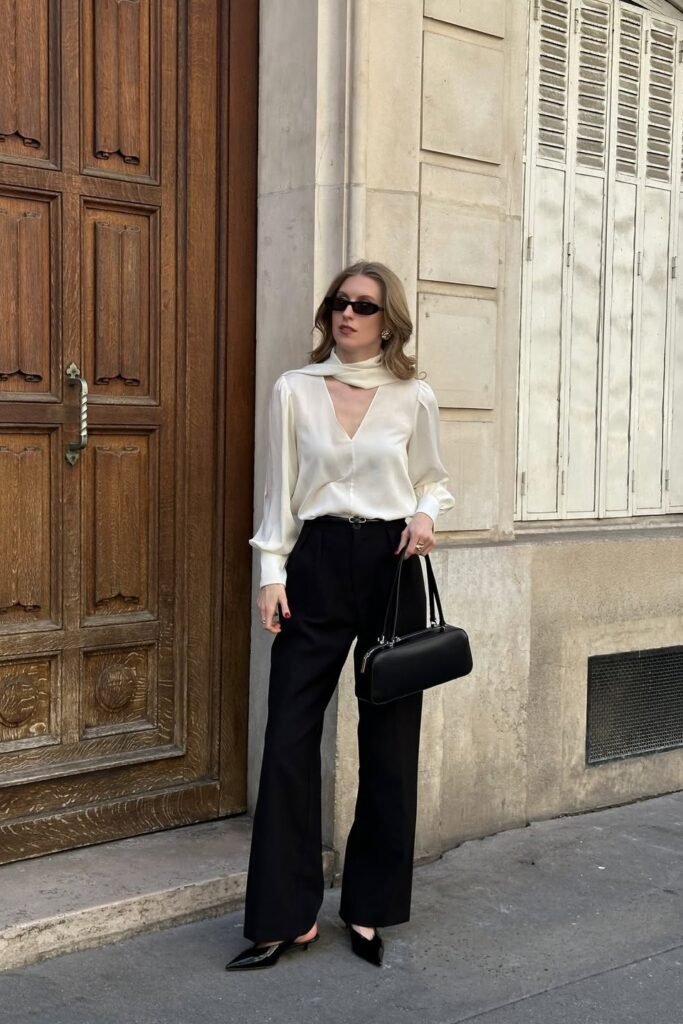 Cream V-Neck Scarf Blouse + Black High-Waisted Trousers + Black Pointed Mules