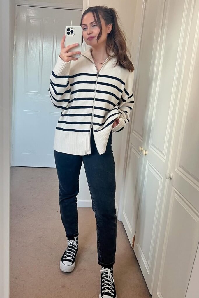 Cream and Navy Striped Zip-Up Sweater + Black Slim-Fit Jeans + Black High-Top Sneakers
