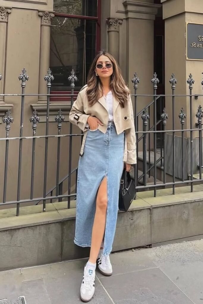 Cropped Beige Trench Coat + White Shirt + Denim Maxi Skirt with Slit + White Adidas Sneakers
