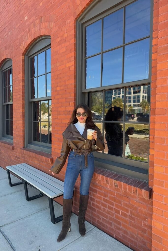 Cropped Brown Leather Bomber + White Mock-Neck Top + Skinny Blue Jeans + Dark Brown Suede Knee-High Boots