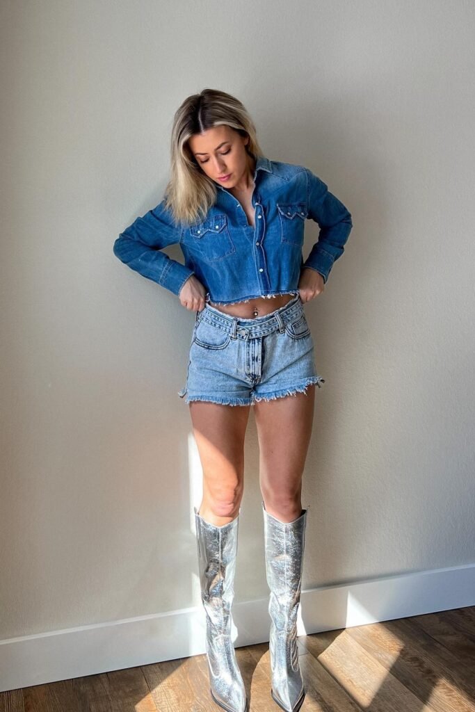 Cropped Denim Shirt + Light Wash Denim Shorts + Silver Metallic Boots