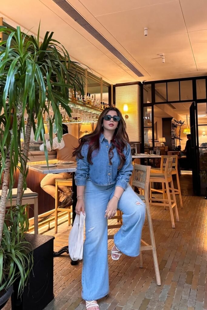 Cropped Denim Shirt + Light Wash Wide-Leg Jeans + White Strappy Sandals