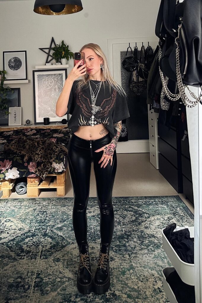 Cropped Eagle Graphic T-shirt + Faux Leather Trousers + Chunky Platform Boots + Layered Silver Chains