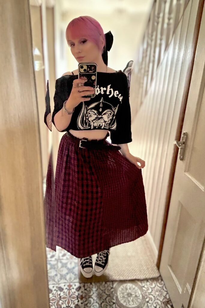 Cropped Graphic Band Tee + Plaid Maxi Skirt + Classic Canvas Sneakers