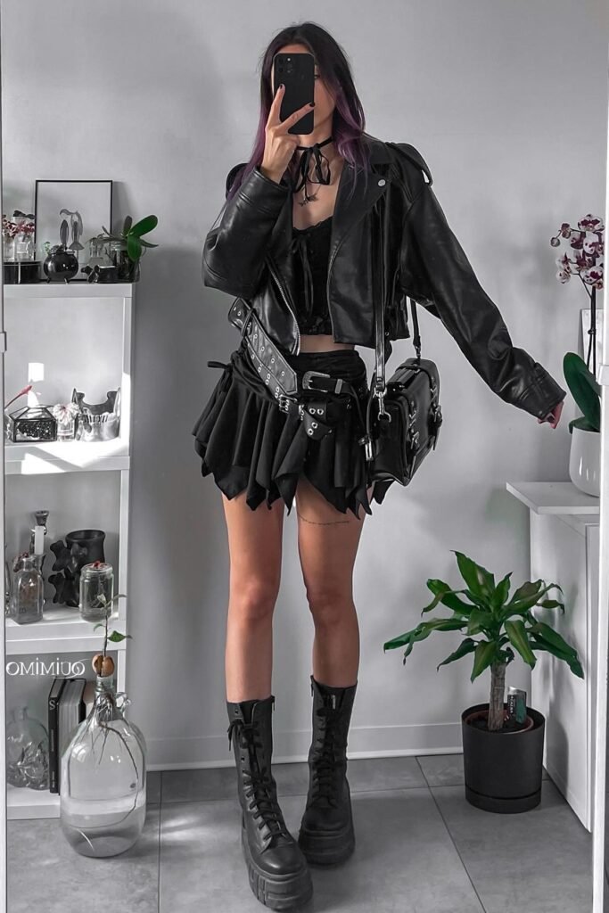 Cropped Leather Biker Jacket + Distressed Layered Mini Skirt + Combat Boots