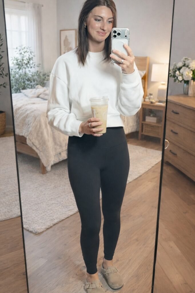Cropped White Sweatshirt + Black High-Waisted Leggings + Tan Suede Clogs