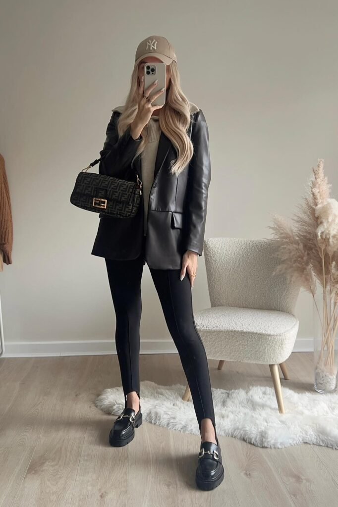 Dark Brown Faux-Leather Blazer + Beige Knit Top + Black Stirrup Leggings + Black Lug-Sole Loafers