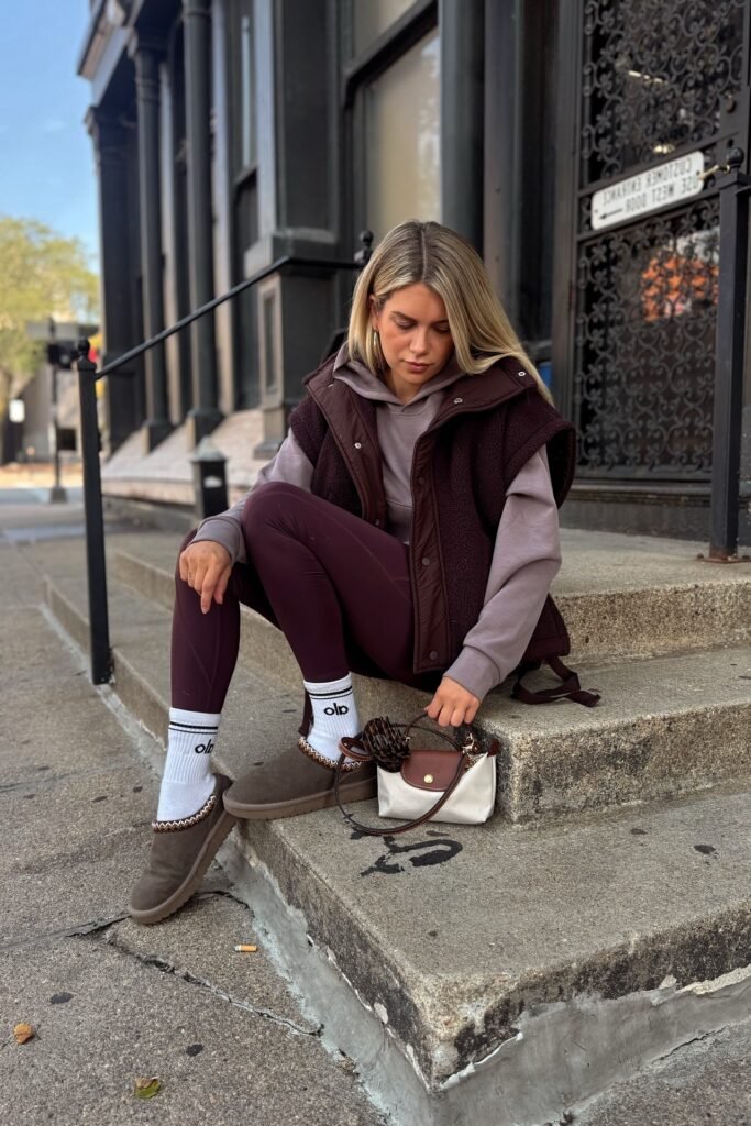Dark Brown Fleece Vest over Mauve Hoodie + Deep Burgundy Leggings + Brown Suede Mules