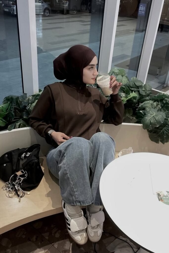 Dark Brown Hijab + Brown Quarter-Zip Pullover + Baggy Light Wash Jeans + White & Black Sport Sneaker