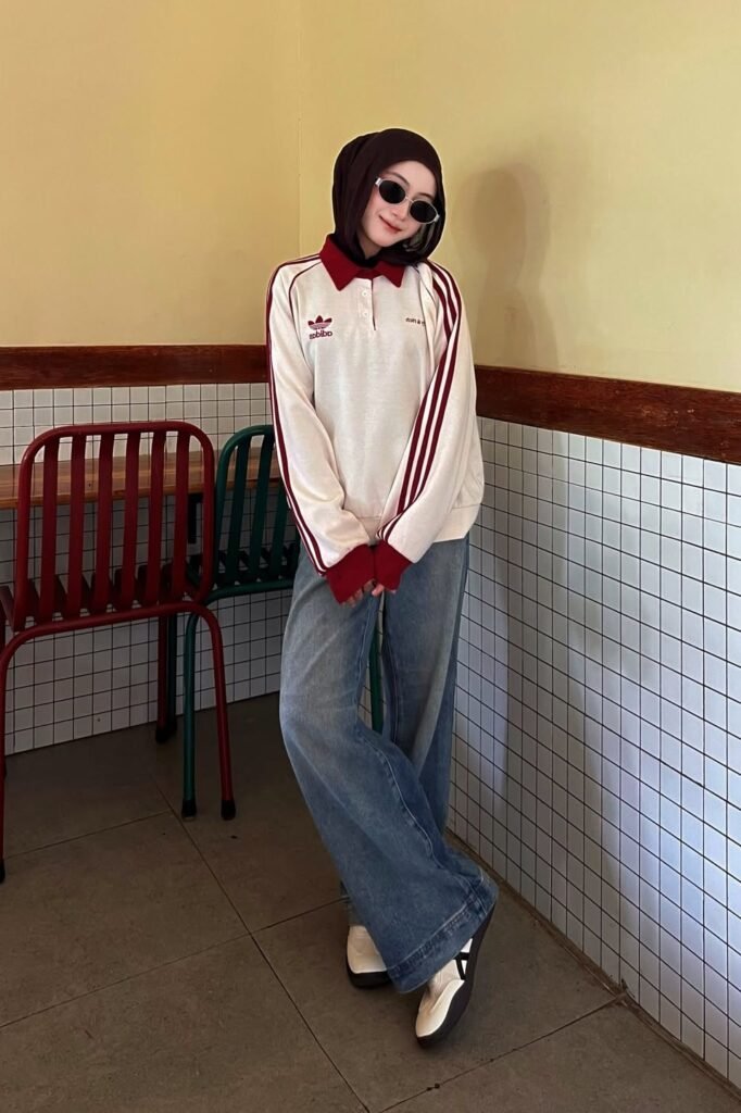 Dark Brown Hijab + Cream & Burgundy Long-Sleeve Polo + Baggy Blue Jeans + White & Black Sneakers