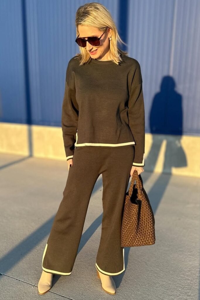 Dark Brown Knit Sweater + Matching Wide-Leg Knit Trousers + Beige Pointed-Toe Boots