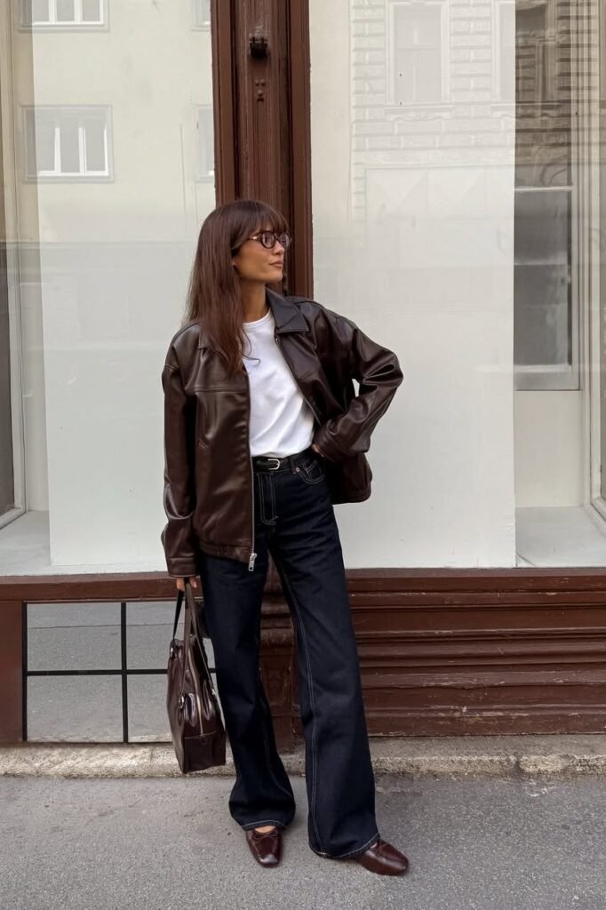 Dark Brown Leather Bomber + White T-Shirt + Dark Wash Wide-Leg Jeans