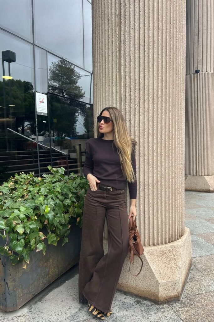 Dark Brown Long-Sleeve Top + Dark Brown Wide-Leg Trousers + Animal Print Heels + Brown Leather Bag