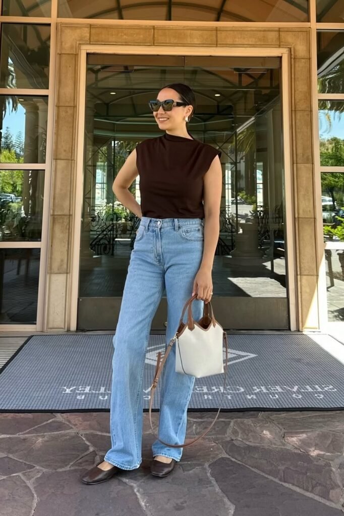 Dark Brown Mock-Neck Top + Light Wash Jeans + Brown Ballet Flats