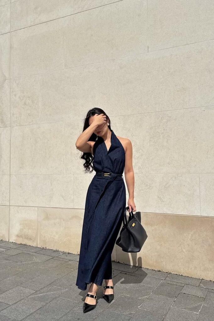 Dark Denim Halter Maxi Dress + Black Pointed Slingbacks + Black Leather Tote