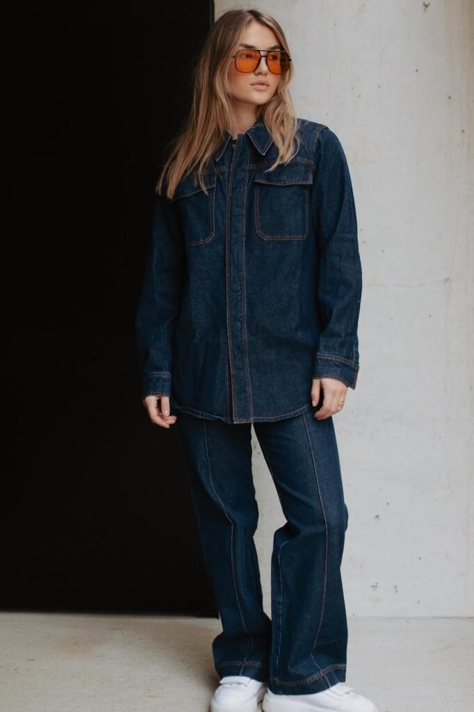 Dark Denim Oversized Shirt + Matching Dark Denim Wide-Leg Trousers + White Platform Sneakers