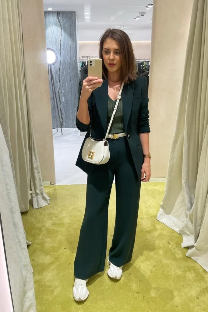 Dark Green Power Suit + Dark Green Ribbed Top + Chunky White Sneakers