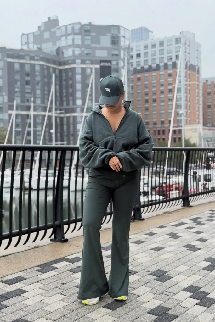 Dark Green Quarter-Zip Pullover + Dark Green Flared Leggings + White and Neon Sneakers