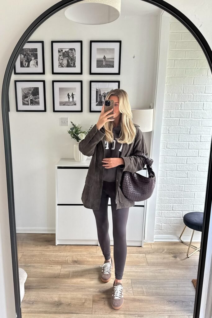 Dark Grey Suede Jacket + Charcoal Hoodie + Dark Grey Leggings + Brown & White Sneakers