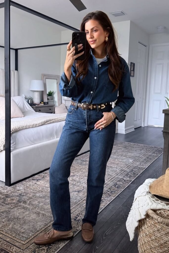 Dark Wash Denim Button-Down Shirt + Matching Straight-Leg Jeans + Studded Brown Belt + Brown Leather Loafers