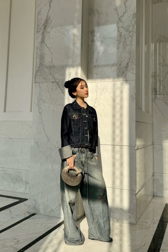 Dark Wash Denim Jacket + Wide-Leg Grey Jeans + Sparkly Crescent Bag