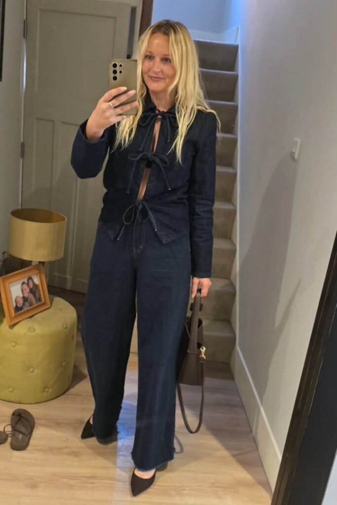 Dark Wash Denim Tie-Front Jacket + Matching Dark Wash Wide-Leg Jeans + Black Pointed-Toe Heels