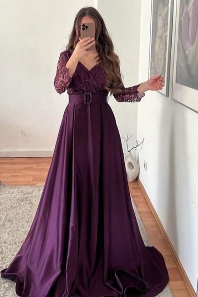 Deep Plum Satin A-Line Dress + Lace Long Sleeves + Matching Buckle Belt
