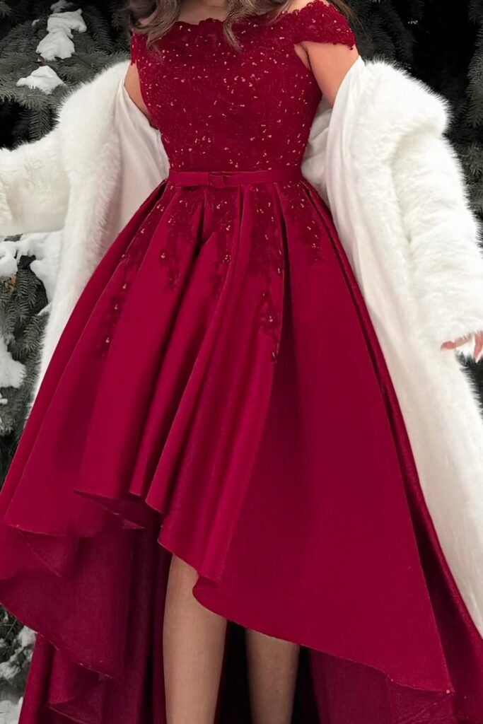 Deep Red Off-the-Shoulder Embroidered High-Low Dress + White Faux Fur Coat