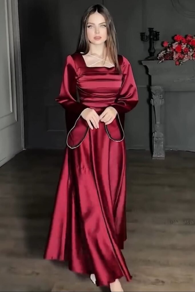 Deep Red Satin Square-Neck Gown with Bell Sleeves