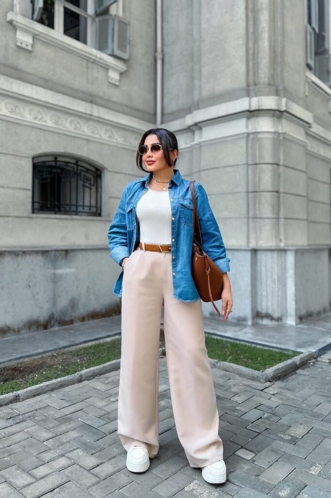 Denim Button-Down Shirt + White Bodysuit + Beige Wide-Leg Trousers + White Platform Sneakers