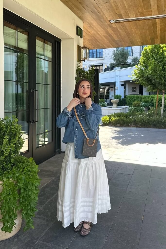 Denim Button-Down Shirt + White Tiered Maxi Skirt + Leopard Print Mary Janes