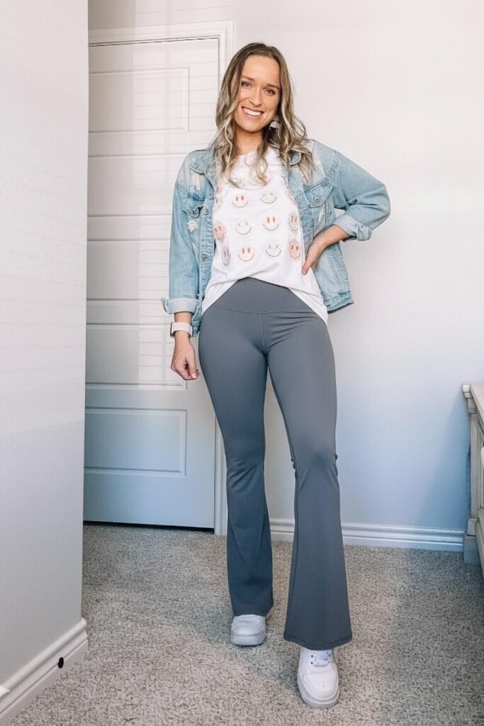 Denim Jacket + Graphic T-Shirt + Grey Flared Leggings + White Sneakers