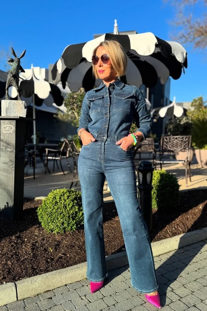 Denim Long-Sleeve Jumpsuit + Pink Sparkly Pumps + Oversized Sunglasses