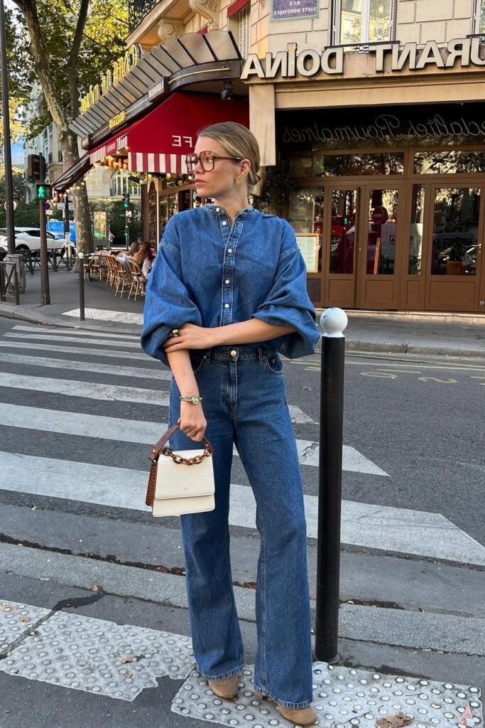 Denim Puff-Sleeve Shirt + Medium-Wash Wide-Leg Jeans + Tan Suede Boots