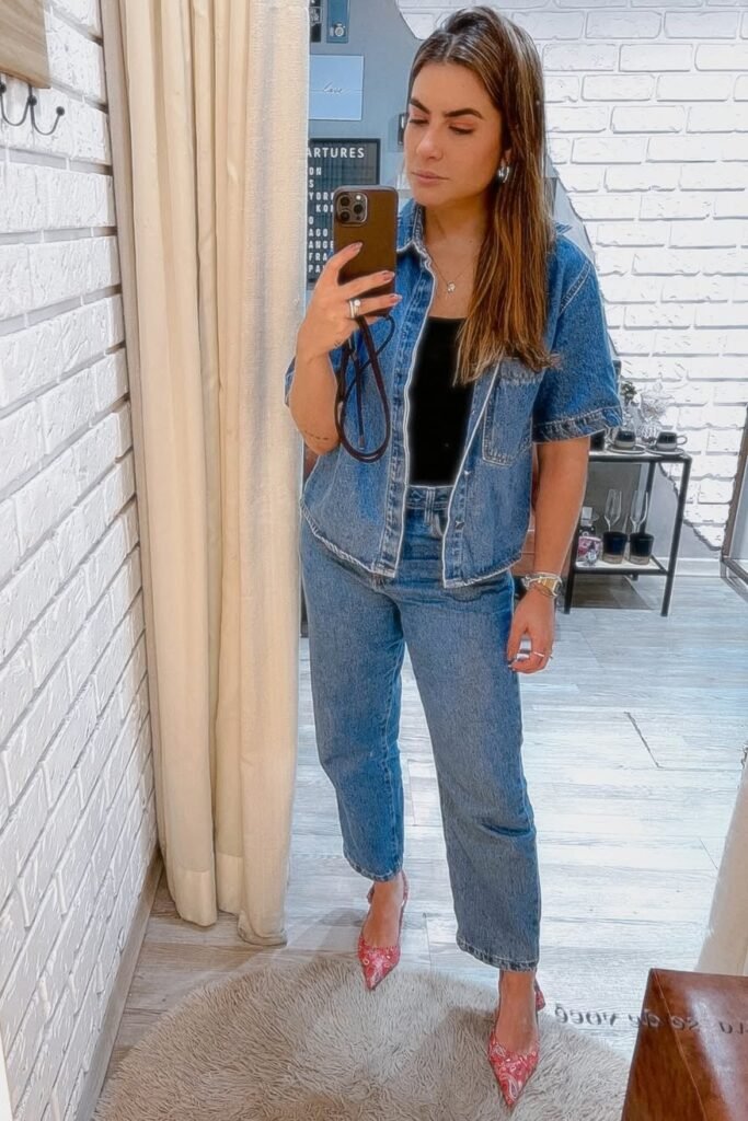 Denim Short-Sleeve Shirt + Black Tank Top + Blue Straight-Leg Jeans + Red Patterned Heels