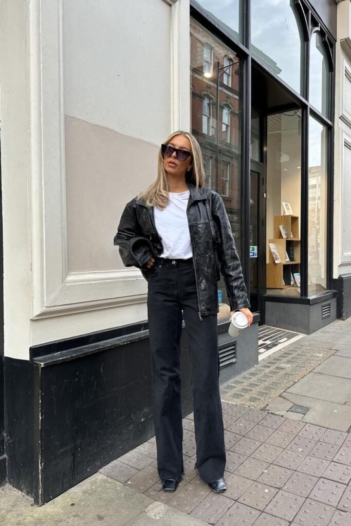 Distressed Black Leather Bomber + White T-shirt + Black Straight-Leg Jeans + Black Square-Toe Boots
