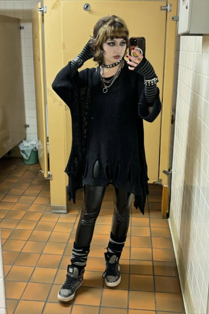 Distressed Oversized Knit Sweater + Striped Arm Warmers + Faux Leather Leggings + High-top Sneakers