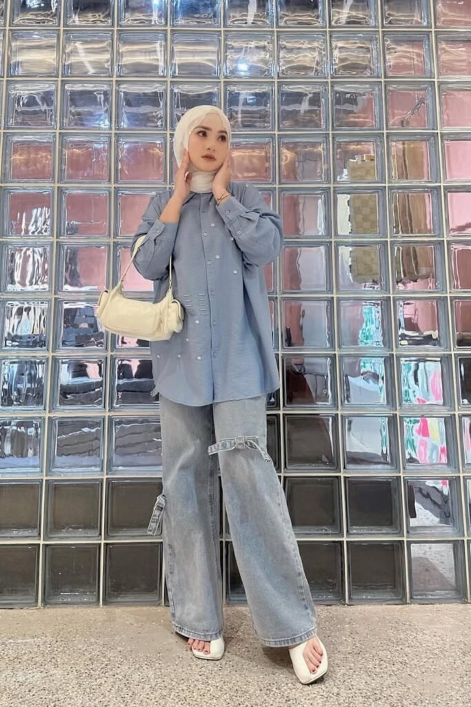 Dull Blue Embellished Oversized Shirt + Light Wash Distressed Jeans + White Square-Toe Heels