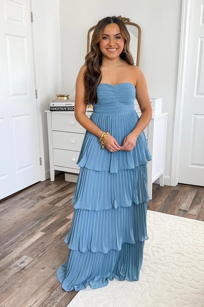 Dusty Blue Strapless Tiered Pleated Maxi Dress + Gold Chain Bracelet
