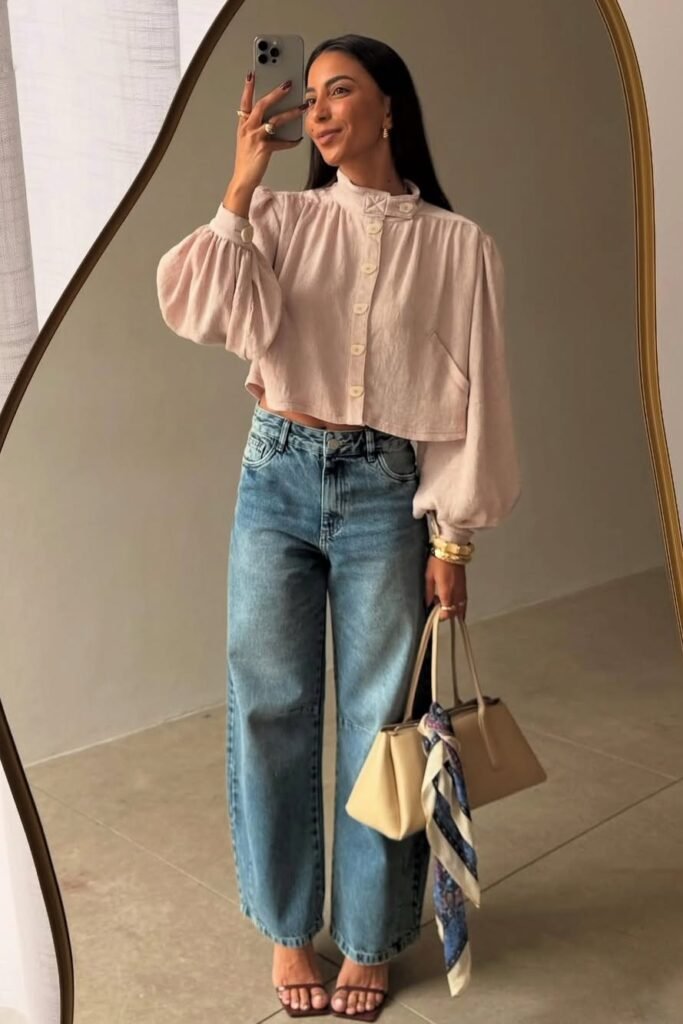 Dusty Pink Puff-Sleeve Blouse + Light Wash Baggy Jeans + Brown Strappy Sandals