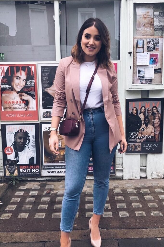 Dusty Rose Blazer + White T-Shirt + High-Waisted Skinny Jeans + Nude Pointed Heels