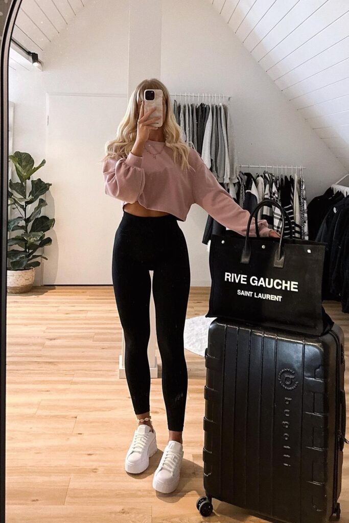 Dusty Rose Cropped Sweatshirt + Black High-Waisted Leggings + White Platform Sneakers