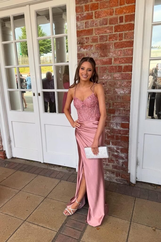 Dusty Rose Lace Corset Gown + White Strappy Sandals + Silver Sequin Clutch