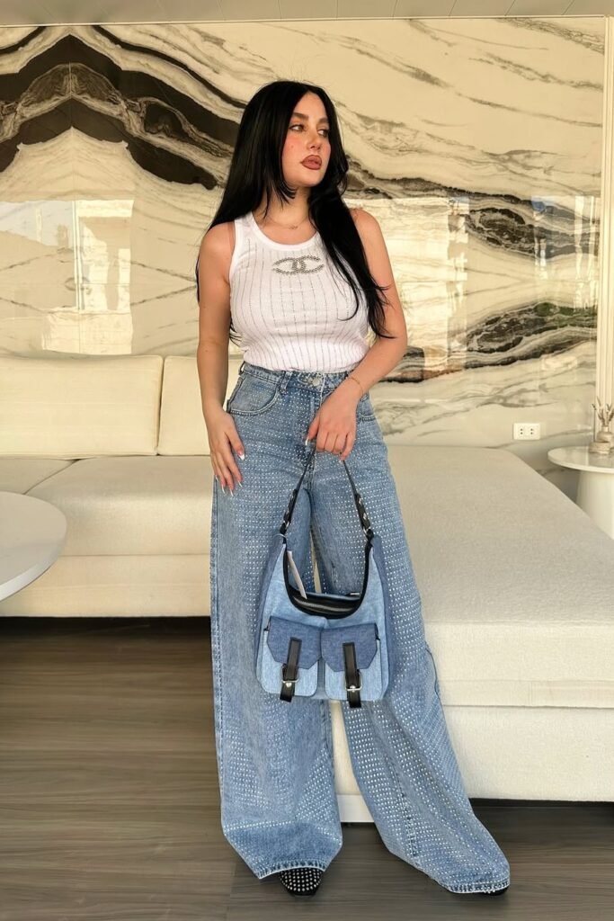Embellished White Tank Top + Rhinestone Wide-Leg Jeans + Denim Utility Bag