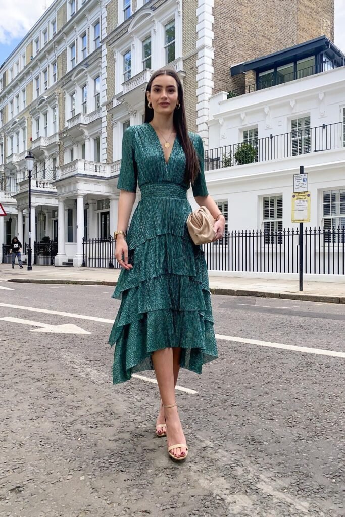 Emerald Green Tiered Metallic Dress + Beige Gathered Clutch + Nude Ankle-Strap Heels